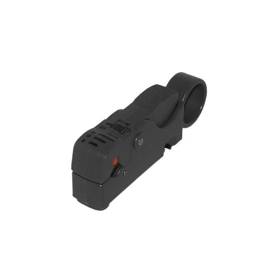 The INF Strip Tool for RG-174/316 Cable (2-Blade) is a black adjustable cable stripper with an ergonomic grip and circular blade compartment, designed for preparing RG174 cables for connectors.