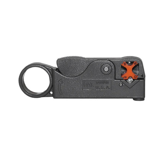 The INF Strip Tool for RG-174/316 Cable (2-Blade) is a black adjustable cable stripper with a circular left handle and orange right dial, designed for preparing RG174 cables for connectors.
