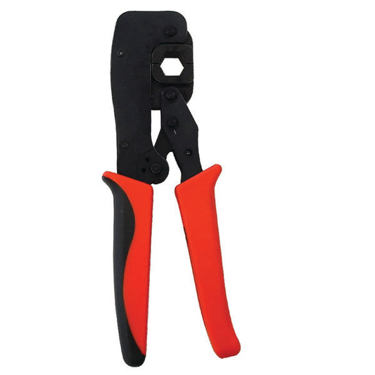 The INF TL-CR-600 Crimp Tool for LMR-600 Cable features black metal jaws and red handles, designed for joining or terminating electrical connectors like RF coaxial connectors.