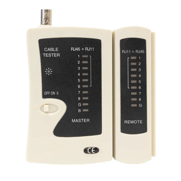 The INF Network Cable Tester checks BNC, RJ11, RJ12, and RJ45 UTP/STP cables and includes MASTER and REMOTE units with numbered LEDs. The beige master unit has an ON/OFF switch and a top connector.