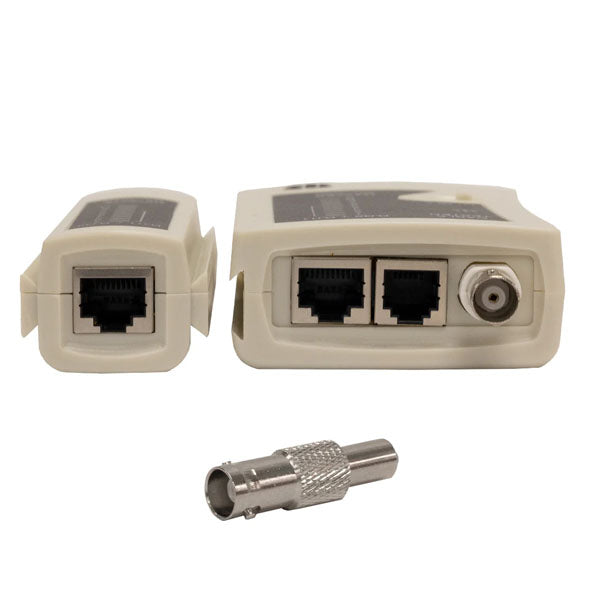 Two INF Network Cable Testers for BNC, RJ11, RJ12, and RJ45 UTP/STP cables are placed side by side, with a small metallic coaxial adapter positioned in front of them.