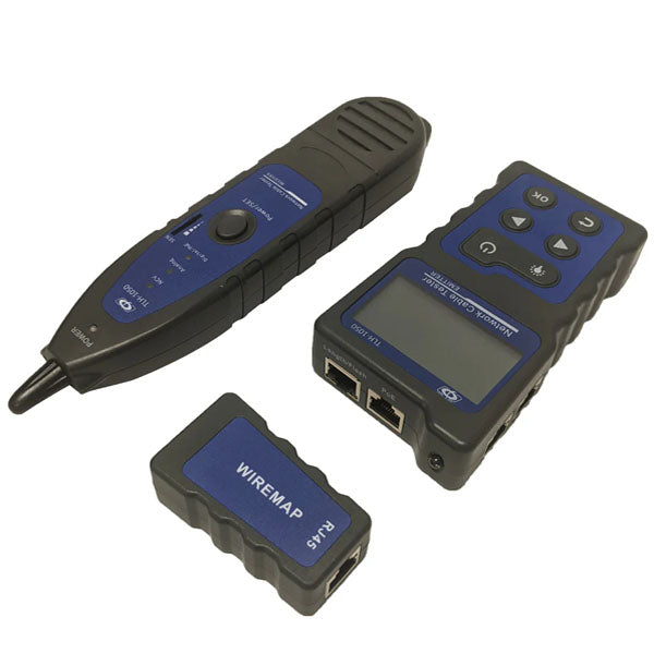 The INF Network Cable Tester & Wire Tracer for RJ45 UTP/STP Cables includes a handheld probe, main unit with screen and buttons, and WIREMAP adapter—all black with blue panels—perfect for testing network cables.