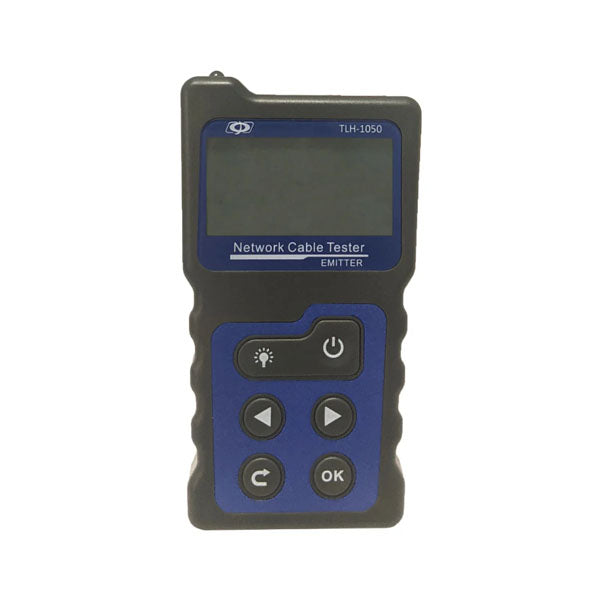The INF Network Cable Tester & Wire Tracer for RJ45 UTP/STP cables is a handheld device with a screen, multiple buttons, and “Network Cable Tester Emitter” on the front, featuring a stylish black and blue design.