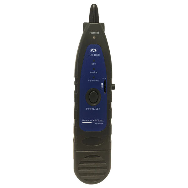 The INF Network Cable Tester & Wire Tracer for RJ45 UTP/STP cables features a blue and black handheld design labeled TLH-1050, with buttons, switches, indicator lights, and a pointed sensor at the top.