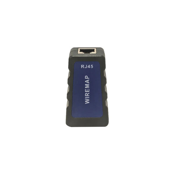 The INF Network Cable Tester & Wire Tracer for RJ45 UTP/STP Cables is a compact black device labeled WIREMAP, featuring an Ethernet port on top and a blue front panel, shown against a white background.