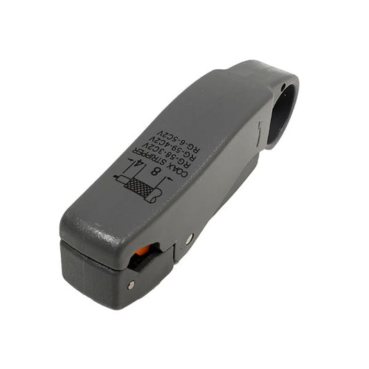 The INF Professional Strip Tool for Coaxial Cables (RG58, RG59, RG62 & RG6) is a gray 3-blade cable stripper with labeled instructions and a diagram on its surface, designed for easy coaxial cable preparation.