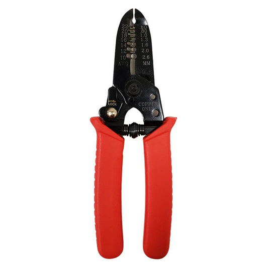 The INF Professional Wire Stripper/Cutter features ergonomic red handles, a black metal head, and gauge markings for 10AWG to 22AWG wires.
