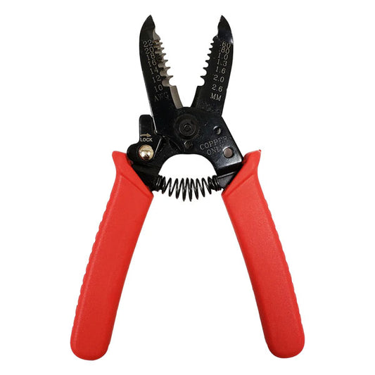 The INF Professional Wire Stripper/Cutter handles 10AWG to 22AWG wires and features black metal jaws, red ergonomic handles, measurement markings, a spring mechanism, and an integrated cutter for versatile use.
