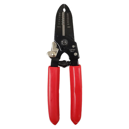 The INF Professional Wire Stripper/Cutter, designed for 20AWG to 30AWG wires, features spring-loaded red handles and measurement markings on black metal blades, shown against a white background.