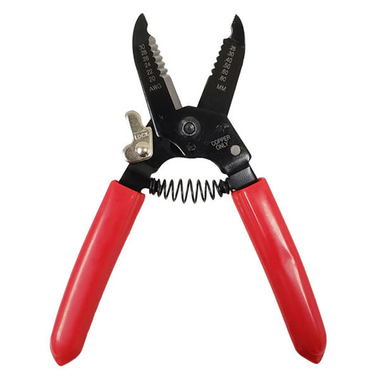 The INF Professional Wire Stripper/Cutter, for 20AWG to 30AWG wire, features spring-loaded red handles, black metal jaws with measurement markings, and a metal lock near the hinge.