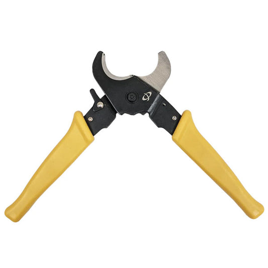 The INF Professional Wire Cutter features yellow handles, a curved blade, and cuts cables up to 0 AWG (0.75" / 19.1mm) with ease; overall length is 8.7 inches.