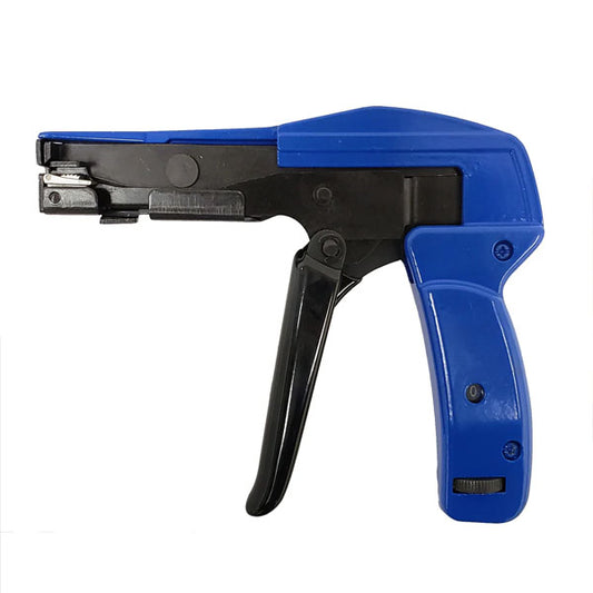 The INF Cable Tie Fastening and Cutting Tool features a blue and black trigger handle, allowing you to efficiently tighten and cut cable ties with ease.