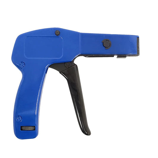 The INF Cable Tie Fastening and Cutting Tool in blue and black is designed for tightening and cutting zip ties. It is shown against a white background.