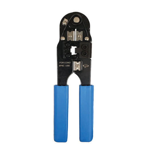 The INF TLH-120 Crimp Tool for Modular Plugs - RJ45 features black construction with blue, spring-loaded handles. It strips, crimps, and cuts wires or connectors—perfect as an Ethernet cable cutter. Shown on a white background.