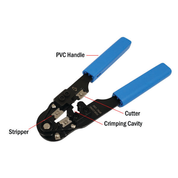 The INF TLH-120 Crimp Tool for Modular Plugs (RJ45) is shown with labeled parts: stripper, cutter, and crimping cavity. It features a spring-loaded handle and blue PVC grips for stripping, cutting, and crimping tasks.