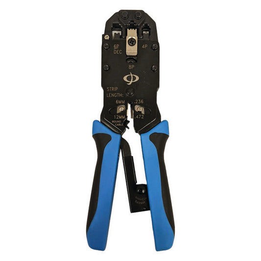 The PCPOS Systems Professional Ratcheting Crimp Tool for RJ45, RJ12, RJ11, RJ9 & DEC plugs, designed to strip and cut network cables, is shown with black and blue handles against a white background.