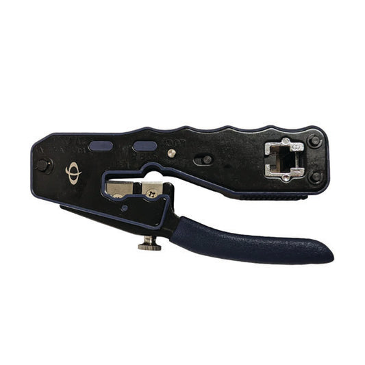 The INF TLH-125 Professional Crimp Tool for Modular Pass-Through Plugs (RJ45) features a black and blue ergonomic grip, metal cutter and crimper, shown in side view on white background, ideal for stripping and cutting network cables.