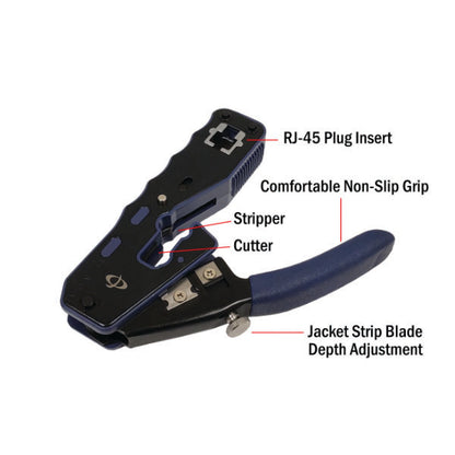A labeled diagram of the INF TLH-125 Professional Crimp Tool for Modular Pass-Through RJ45 plugs shows the insert slot, non-slip grip, stripper, cutter, and adjustable jacket strip blade.