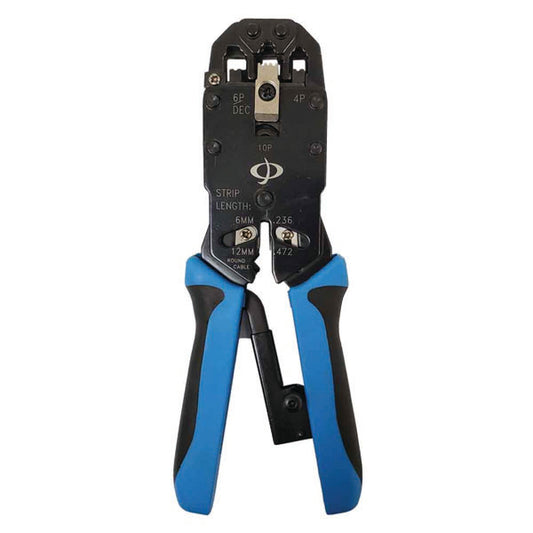 The INF TLH-130 Professional Ratcheting Crimp Tool is designed for modular plugs including RJ50, RJ12, RJ11, RJ9, and DEC. It strips and cuts cables efficiently and features labeled sections for different connectors.