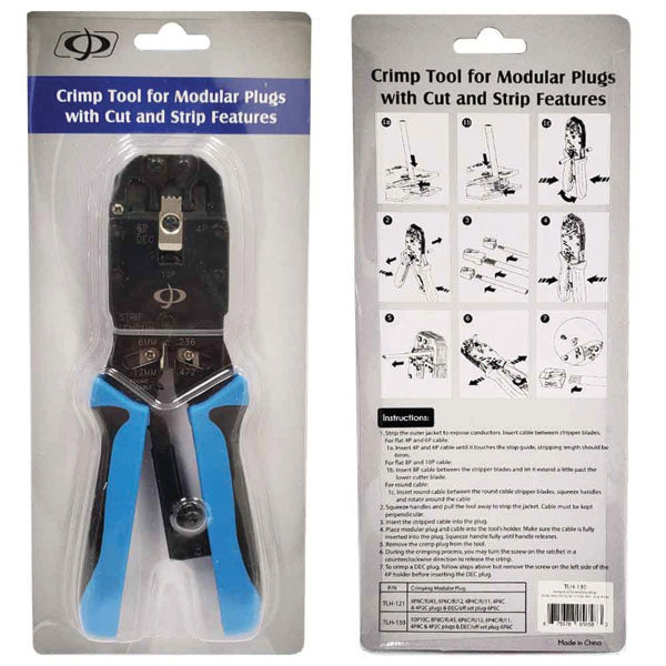 Front and back packaging of the INF TLH-130 Professional Ratcheting Crimp Tool for RJ50, RJ12, RJ11, RJ9 & DEC plugs with blue/black handles; labeled strip and cut features plus illustrated instructions on back.