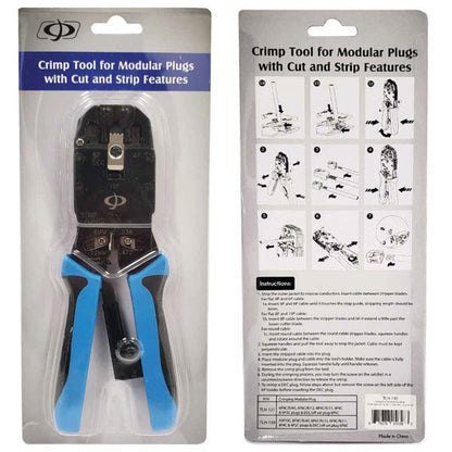 Front and back packaging of the INF TLH-130 Professional Ratcheting Crimp Tool for RJ50, RJ12, RJ11, RJ9 & DEC plugs with blue/black handles; labeled strip and cut features plus illustrated instructions on back.