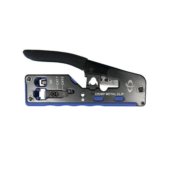 The INF TLH-145 Ratcheting Crimp Tool features black and blue handles, labeled sections for RJ11, RJ12, RJ45, and shielded plugs with external strain relief—ideal for precise network installations.