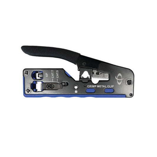 The INF TLH-145 Ratcheting Crimp Tool features black and blue handles, labeled sections for RJ11, RJ12, RJ45, and shielded plugs with external strain relief—ideal for precise network installations.