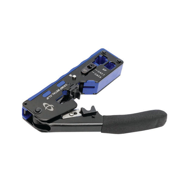 The INF TLH-145 Ratcheting Crimp Tool features a cushioned handle and supports RJ11, RJ12, RJ45, and shielded RJ45 plugs with external strain relief for easy cable termination.