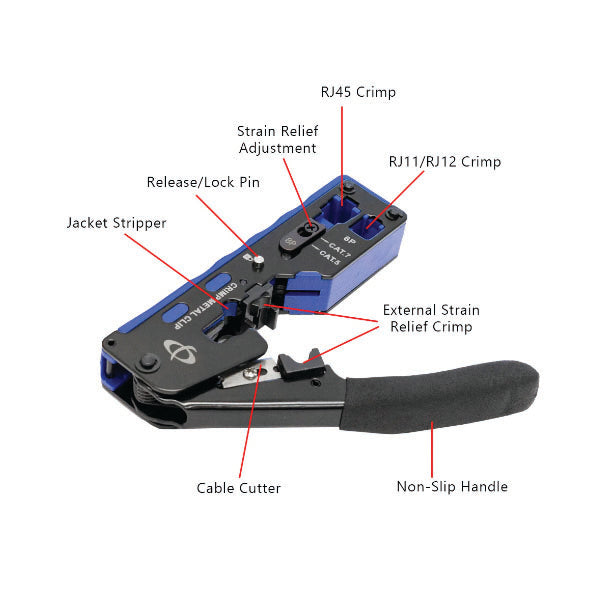A labeled diagram of the INF TLH-145 Ratcheting Crimp Tool, showing features for RJ11/RJ12/RJ45 and shielded plugs, external strain relief crimp, jacket stripper, cable cutter, release/lock pin, strain relief adjustment, and non-slip handle.