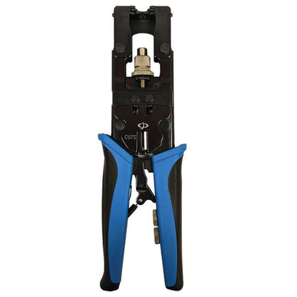 The INF TLH-201 is a black and blue compression tool for BNC, F-Type, and RCA connectors on RG59, RG58, and RG6 cables. Shown upright against a white background, it features ergonomic handles for comfortable use.
