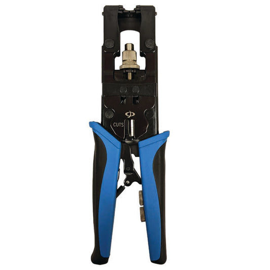 The INF TLH-201 is a black and blue compression tool for BNC, F-Type, and RCA connectors on RG59, RG58, and RG6 cables. Shown upright against a white background, it features ergonomic handles for comfortable use.