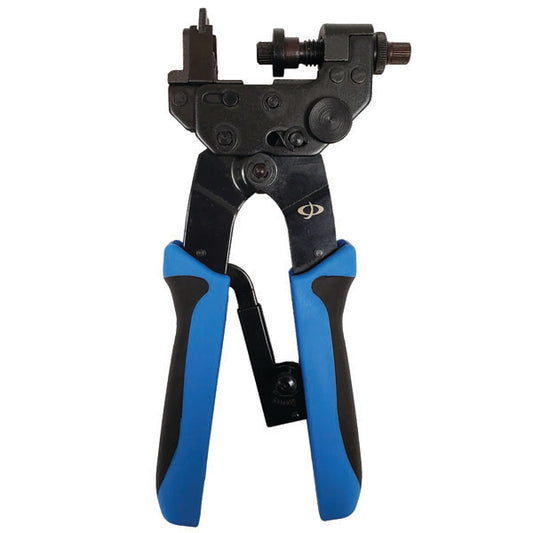 A close-up of the INF TLH-202 Compression Tool with blue and black handles, designed for crimping BNC, F-Type, RCA, Right Angle, and Keystone connectors on RG59 and RG6 cables.