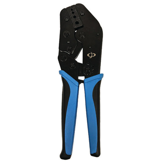 The INF TLH-300 Crimp Tool for Fiber Optic Connector Crimp Sleeves (LC, SC, ST & FC) features black/blue rubberized handles, a multi-notch metal jaw for hex sizes 0.094, 0.128, 0.151, 0.197, and a ratcheting crimp mechanism.