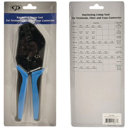 Front and back of INF TLH-300 packaging for Crimp Tool for Fiber Optic Connector Crimp Sleeves (LC, SC, ST & FC), hex sizes 0.094, 0.128, 0.151, 0.197. Front shows the tool; back features specs chart for terminals and connectors.