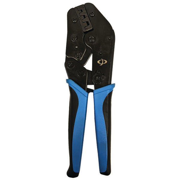 The INF TLH-310 Crimp Tool for Non-Insulated Terminals is designed to crimp ring terminals, spade lugs, and quick disconnects on 20-18AWG, 16-14AWG, and 12-10AWG wires. Features textured handles and a ratcheting crimp mechanism.