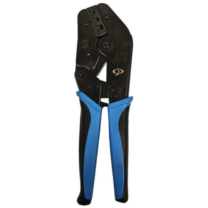 The INF TLH-310 Crimp Tool for Non-Insulated Terminals is designed to crimp ring terminals, spade lugs, and quick disconnects on 20-18AWG, 16-14AWG, and 12-10AWG wires. Features textured handles and a ratcheting crimp mechanism.
