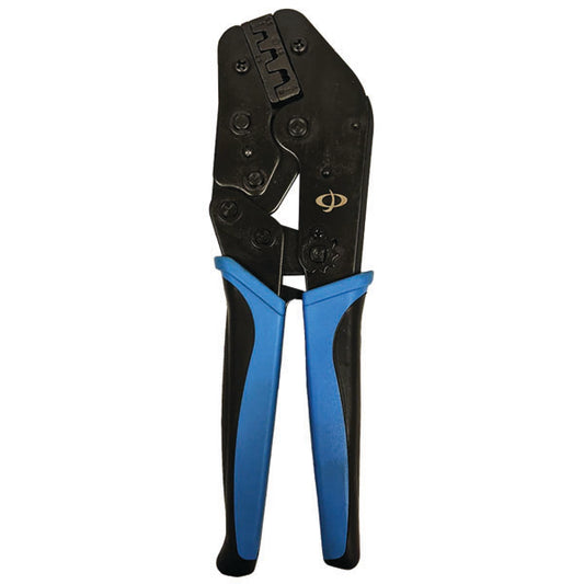 The INF TLH-310 Crimp Tool for Non-Insulated Terminals is designed to crimp ring terminals, spade lugs, and quick disconnects on 20-18AWG, 16-14AWG, and 12-10AWG wires. Features textured handles and a ratcheting crimp mechanism.