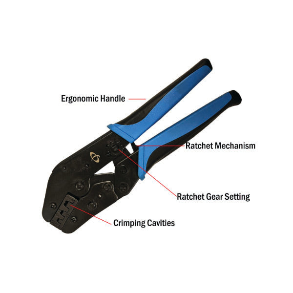 The INF TLH-310 Crimp Tool for Non-Insulated Terminals features a black and blue design with labeled ergonomic handle, ratcheting mechanism, adjustable ratchet gear, and crimping cavities for 20-18AWG, 16-14AWG, and 12-10AWG terminals.