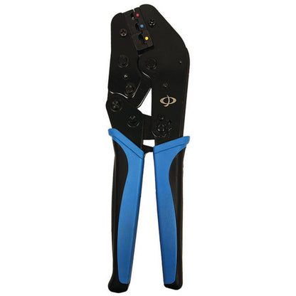 The INF THL-311 Crimp Tool features black and blue handles and a ratcheting mechanism, designed for crimping insulated ring terminals, spade lugs, and quick disconnects on 20-10AWG cables.