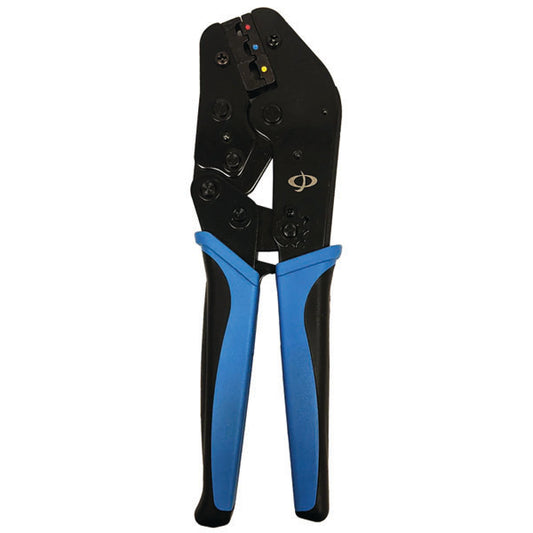 The INF THL-311 Crimp Tool features black and blue handles and a ratcheting mechanism, designed for crimping insulated ring terminals, spade lugs, and quick disconnects on 20-10AWG cables.