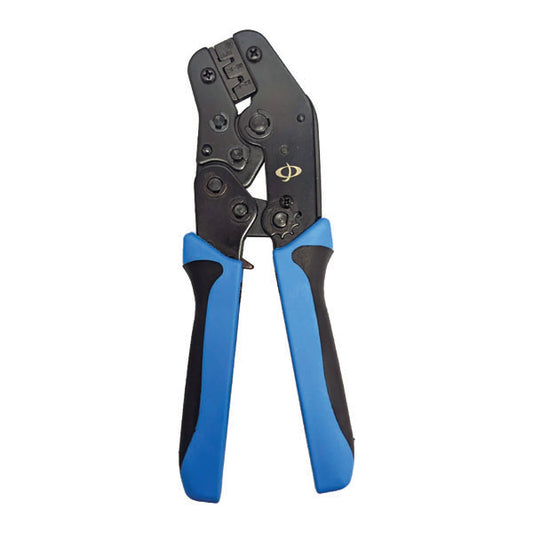 The INF TLH-320 is a crimp tool for D-sub terminals (18-20AWG, 24-30AWG) featuring black metal jaws and blue/black ergonomic handles, ideal for joining cables securely.