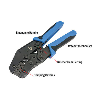 The INF TLH-320 Crimp Tool for D-Sub Terminals (18-20AWG, 24-30AWG) features labeled black-blue ratcheting pliers with ergonomic handle, ratchet mechanism, gear setting, and crimping cavities—ideal for precise wire work.