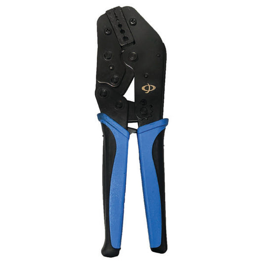 The INF TLH-330 Crimp Tool for LMR-100, RG174 & RG179 cables (.256/.068/.295), featuring black and blue handles, is ideal for electrical work and assembling coaxial connectors, shown against a white background.