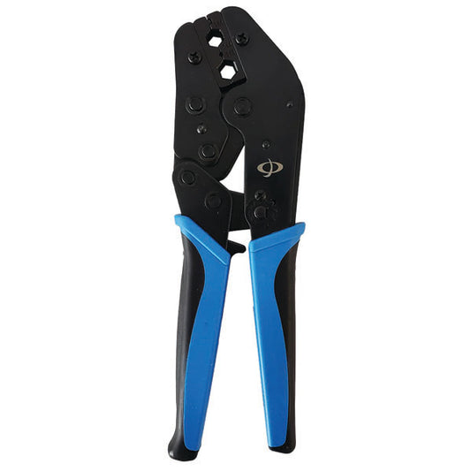 The INF TLH-331 Crimp Tool for RG59 & RG6 Cable (.256/.068/.295) features ergonomic handles in black and blue and is designed for coaxial connectors, shown upright against a white background.