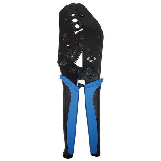 The INF TLH-332 Crimp Tool for RG6 SDI & Belden 1694 coax cable connectors features blue and black rubber grips and works with hex sizes 0.042, 0.068, 0.178, and 0.255. Displayed on a white background.