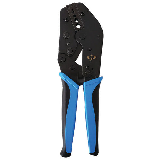 The INF TLH-333 Crimp Tool for RG58 & LMR-195 Cable (.043/.068/.100/.137/.213/.255) with blue and black rubber handles is shown upright against a white background.