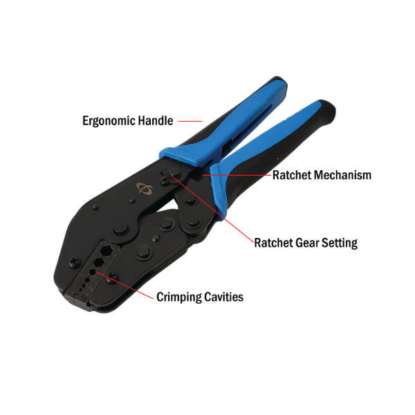 The INF TLH-333 Crimp Tool for RG58 & LMR-195 cable (.043/.068/.100/.137/.213/.255) features a black and blue design, ergonomic handle, ratchet mechanism, gear setting, and crimping cavities—perfect for coax connectors.