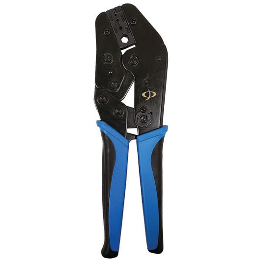 The INF TLH-334 Crimp Tool for LMR-240 Cable (.052/.068/.100/.252) features black metal jaws and black-and-blue ergonomic handles, designed as a ratchet tool for attaching RF coaxial connectors.
