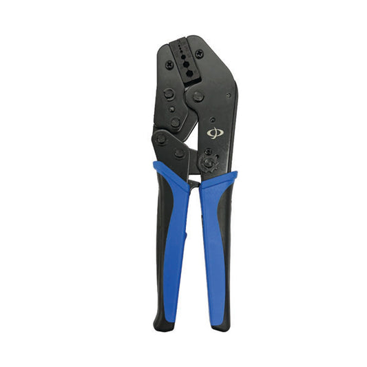 The INF TLH-336 Crimp Tool for RG174 & LMR-100 Cable (.040/.042/.068/.128/.178/.197) features black and blue ergonomic handles and is shown upright on a white background, perfect for coaxial cable work.