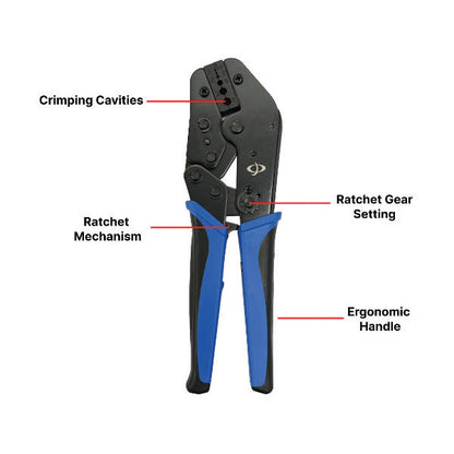 The INF TLH-336 Crimp Tool for RG174 & LMR-100 Cable features labeled crimping cavities (.040/.042/.068/.128/.178/.197) at the top, a side ratchet gear, a ratchet mechanism by the handles, and ergonomic grips at the bottom.